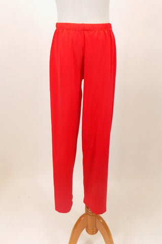 Red stretch pants have straight leg cut. Can be worn for a variety of dance styles Front