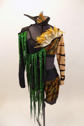 Animal print costume is a 2-piece with large feather detail & green scaly fringe on bra and shorts.Has shrug with tiger stripe sleeves & stand-up collar. Front