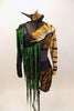 Animal print costume is a 2-piece with large feather detail & green scaly fringe on bra and shorts.Has shrug with tiger stripe sleeves & stand-up collar. Front