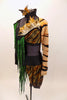 Animal print costume is a 2-piece with large feather detail & green scaly fringe on bra and shorts.Has shrug with tiger stripe sleeves & stand-up collar. Left side