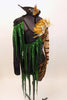 Animal print costume is a 2-piece with large feather detail & green scaly fringe on bra and shorts.Has shrug with tiger stripe sleeves & stand-up collar. Right side