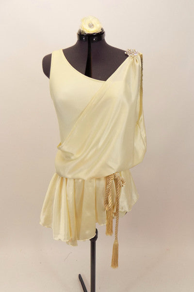 Ivory single shoulder, lined leotard  comes with, ivory satin toga style cover that has peplum, corded tassel belt & crystal accent broach. Has hair accessory. Front