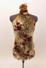 Lace halter dress with open back has vintage feel with burgundy roses, alligator skin & tea-stained pattern. Paired with brown panties & rose hair accessory. Front