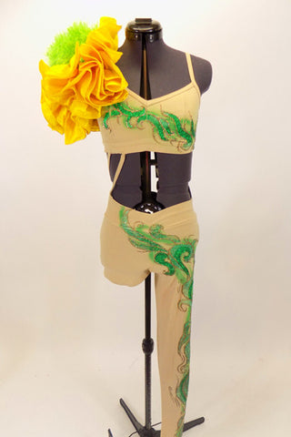 Nude one shoulder unitard has unique hand painted leaves and vines. There is a huge yellow flower on the shoulder. Comes with matching floral hair accessory. Front