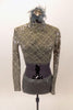 Taupe-grey lace sequined long-sleeved half top has high neck collar. Top is accompanied by matching glitter briefs and a feather and glitter hair accessory.  Front