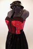 Red and black bustier dress has crystaled lace edging on skirt. Bustier has lace torso & bust. & hundreds of  Swarovski crystals. Comes veiled top-hat accessory. Side zoomed