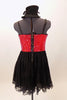 Red and black bustier dress has crystaled lace edging on skirt. Bustier has lace torso & bust. & hundreds of  Swarovski crystals. Comes veiled top-hat accessory. Back