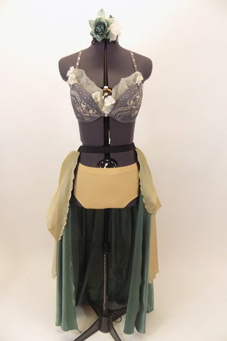 Long green and cream open-front skirt has ruched pick-ups on chiffon layer. Comes with nude brief & grey- cream lace bra with organza ruffle & hair accessory. Front
