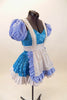 Blue sequined leotard dress has white top and separate pull-on checkered poufy sleeves. Comes with sequined white apron with blue checkered ruffles. Right side
