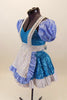 Blue sequined leotard dress has white top and separate pull-on checkered poufy sleeves. Comes with sequined white apron with blue checkered ruffles. Left side