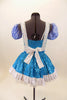 Blue sequined leotard dress has white top and separate pull-on checkered poufy sleeves. Comes with sequined white apron with blue checkered ruffles. Back