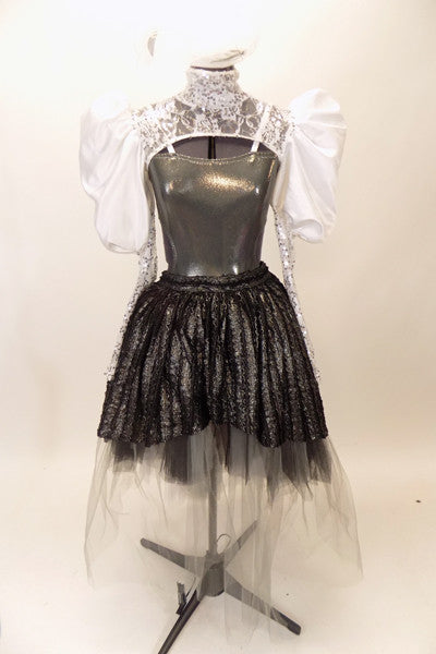 Charcoal leotard with open sides & back, has high collar, lace shrug with pleated satin pouf sleeves. Skirt is iridescent black high-low overlay on black & grey tulle. Comes with large white hair accessory, Front