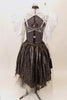 Charcoal leotard with open sides & back, has high collar, lace shrug with pleated satin pouf sleeves. Skirt is iridescent black high-low overlay on black & grey tulle. Comes with large white hair accessory. Back