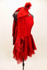 Red high neck, halter dress has attached skirt in layers of red chiffon. There is an attached red jeweled necklace and large satin bow that sits on right shoulder. Comes with red, crystaled hair accessory. Right side