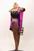 Purple  tailcoat has high collar & open torso. Neck, front & wrists have gold rhinestone mesh. Has gold padded shoulders, black bra, gold leggings & hair piece . Left side