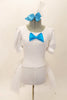 Pouf sleeved white leotard has sparkle top and solid bottom. Leotard has a large white attached tulle a feather bustle. Comes with a tiffany blue bow tie accent and matching blue hair bow. Front