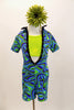 Blue & green kaleidoscope pattern short unitard has deep open front with black crystal covered edge & collar. Comes with  green camisole half-top,  leg warmer/socks & hair flower.Front