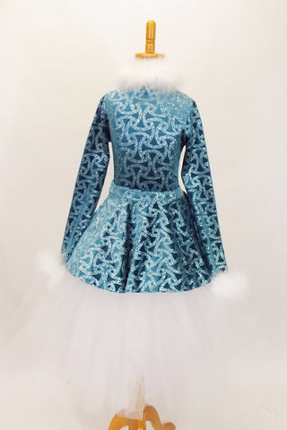 Blue sparkled chain-pattern coat dress has white marabou collar and cuffs. It sits overtop of white romantic tutu with hook-eye closure on the  bask. Comes with matching fez hat that has white marabou and crystal snowflake brooch. Front