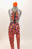 Unitard is two piece orange & pink leopard print joined by large black zipper at front. Halter top has with sequined sides. Has striped belt & hair accessory. Front