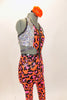 Unitard is two piece orange & pink leopard print joined by large black zipper at front. Halter top has with sequined sides. Has striped belt & hair accessory. Right side