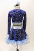 Long sleeved half top & skirt with curly ruffle and petticoat, are a navy blue velvet base with aqua & silver swirl patterns. Costume has matching head piece. Back