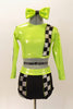 Lime green half top has black-silver racing check pattern on sleeve, bodice & on matching briefs. Comes with matching checkered legwarmer/socks & lime green hair bow. Front