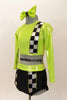 Lime green half top has black-silver racing check pattern on sleeve, bodice & on matching briefs. Comes with matching checkered legwarmer/socks & lime green hair bow. Left side
