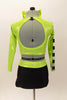 Lime green half top has black-silver racing check pattern on sleeve, bodice & on matching briefs. Comes with matching checkered legwarmer/socks & lime green hair bow. Back