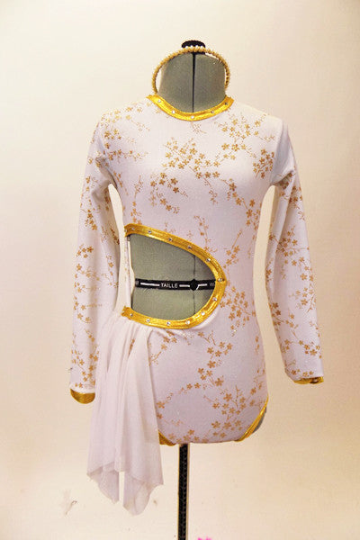 Long sleeved white  leotard  has golden floral pattern, cut-out back & right side with 3 back straps. Has white chiffon kerchiefs at right hip & hair accessory. Front