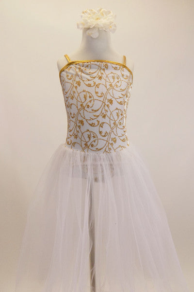 White velvet camisole leotard has golden floral pattern and attached, white romantic length tulle tutu skirt. Comes with matching floral hair accessory. Front