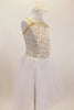White velvet camisole leotard has golden floral pattern and attached, white romantic length tulle tutu skirt. Comes with matching floral hair accessory. Right side