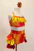 Iridescent yellow, red & orange costume has halter style top with yellow satin ruffle & shorts with layered bustle of red, yellow & orange satin ruffles. Comes with sequined hair accessory. Right side