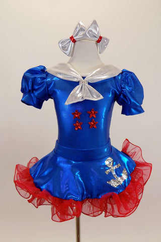 Blue pouf sleeve leotard has silver naval collar & red star.s Has matching skirt with anchor motif, silver bow,ruffled red petticoat, gloves, socks & hair bows. Front