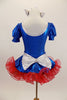 Blue pouf sleeve leotard has silver naval collar & red star.s Has matching skirt with anchor motif, silver bow,ruffled red petticoat, gloves, socks & hair bows. Back