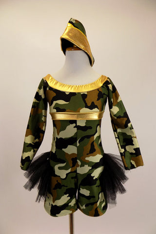Camouflage print long sleeved short unitard has gold band on neckline & empire bust. A triple layered tulle bustle spans across back hip to hip. Comes with matching army hat. Front