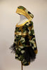 Camouflage print long sleeved short unitard has gold band on neckline & empire bust. A triple layered tulle bustle spans across back hip to hip. Comes with matching army hat. Left side
