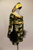 Camouflage print long sleeved short unitard has gold band on neckline & empire bust. A triple layered tulle bustle spans across back hip to hip. Comes with matching army hat. Right side