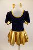 Navy blue crinkle lace dress has pouf sleeves with gold cuffs & gold striped inserts down front center of torso. Has attached gold skirt & matching hair bow. Back