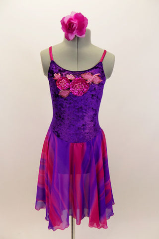 Purple crushed velvet leotard dress has long chiffon attached skirt with purple & fuchsia waves. Bodice has large sequined floral applique. Has rose hair piece. Front