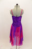 Purple crushed velvet leotard dress has long chiffon attached skirt with purple & fuchsia waves. Bodice has large sequined floral applique. Has rose hair piece. Back