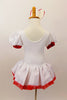 White velvet leotard dress has pouf sleeves with red cuffs. hand painted glittery hearts cascade down the bodice and skirt . There is a red tulle petticoat and the skirt is edged with red lace Comes with heart hair accessory. Back