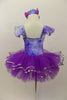 Blue and purple floral leotard has chiffon ruffle sleeves, silver trim & large purple applique on bodice. Has purple pull-on tutu & matching floral hair accessory. Back