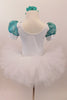 White velvet leotard has turquoise lace sleeves. Neckline has turquoise sequins & large jeweled applique. Comes with white tutu skirt & floral hair accessory. Back