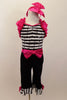50s style one-piece costume has capri length black pants with bows & stripped bodice with fuchsia satin ruffled shrug-like back, waistband & large bow head-band. Front