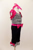 50s style one-piece costume has capri length black pants with bows & stripped bodice with fuchsia satin ruffled shrug-like back, waistband & large bow head-band. Right side