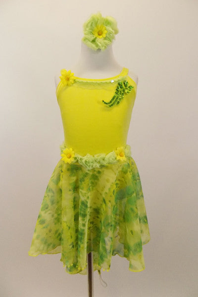 Soft yellow velvet leotard had  ruffled trim along bust,& waist. Skirt & back wing scarf is marbled yellow-green chiffon. Comes with matching hair accessory. Front