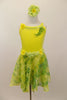 Soft yellow velvet leotard had  ruffled trim along bust,& waist. Skirt & back wing scarf is marbled yellow-green chiffon. Comes with matching hair accessory. Front