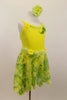 Soft yellow velvet leotard had  ruffled trim along bust,& waist. Skirt & back wing scarf is marbled yellow-green chiffon. Comes with matching hair accessory. Right side