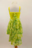 Soft yellow velvet leotard had  ruffled trim along bust,& waist. Skirt & back wing scarf is marbled yellow-green chiffon. Comes with matching hair accessory. Back