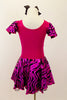 Hot pink metallic and zebra pattern, cross front leotard dress has zebra print ruffled cap sleeves and skirt with solid pink back. Comes with black bow hair accessory. Back